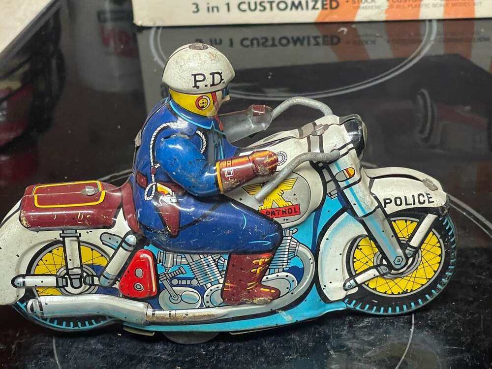 Vintage Tin Lithograph Police Patrol Motorcycle with Rider Toy